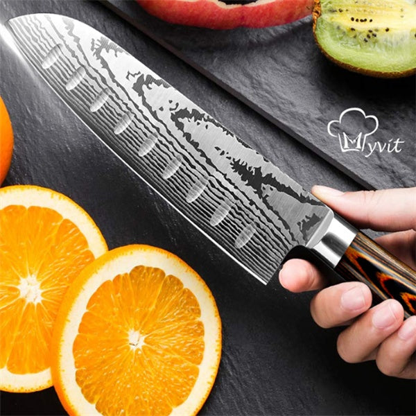 NEATKITCH 6-Piece Laser Damascus Stainless Steel Kitchen Knife Set - Ultra Sharp 7Cr17 High Carbon Chef Knife Collection with Ergonomic Wood Handles