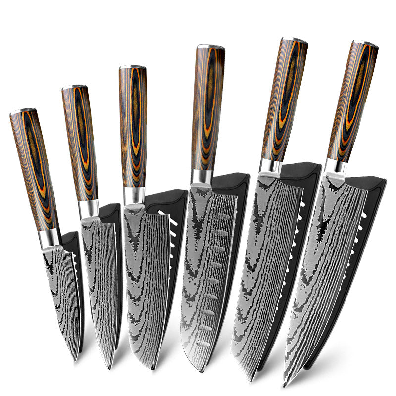NEATKITCH 6-Piece Laser Damascus Stainless Steel Kitchen Knife Set - Ultra Sharp 7Cr17 High Carbon Chef Knife Collection with Ergonomic Wood Handles
