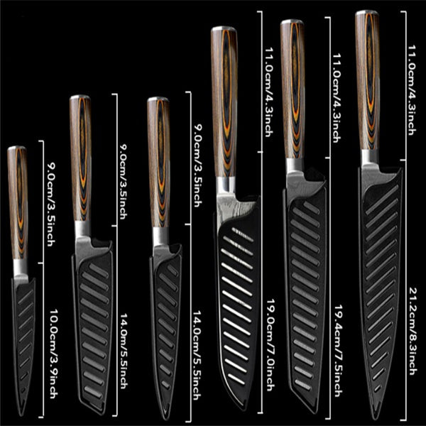NEATKITCH 6-Piece Laser Damascus Stainless Steel Kitchen Knife Set - Ultra Sharp 7Cr17 High Carbon Chef Knife Collection with Ergonomic Wood Handles