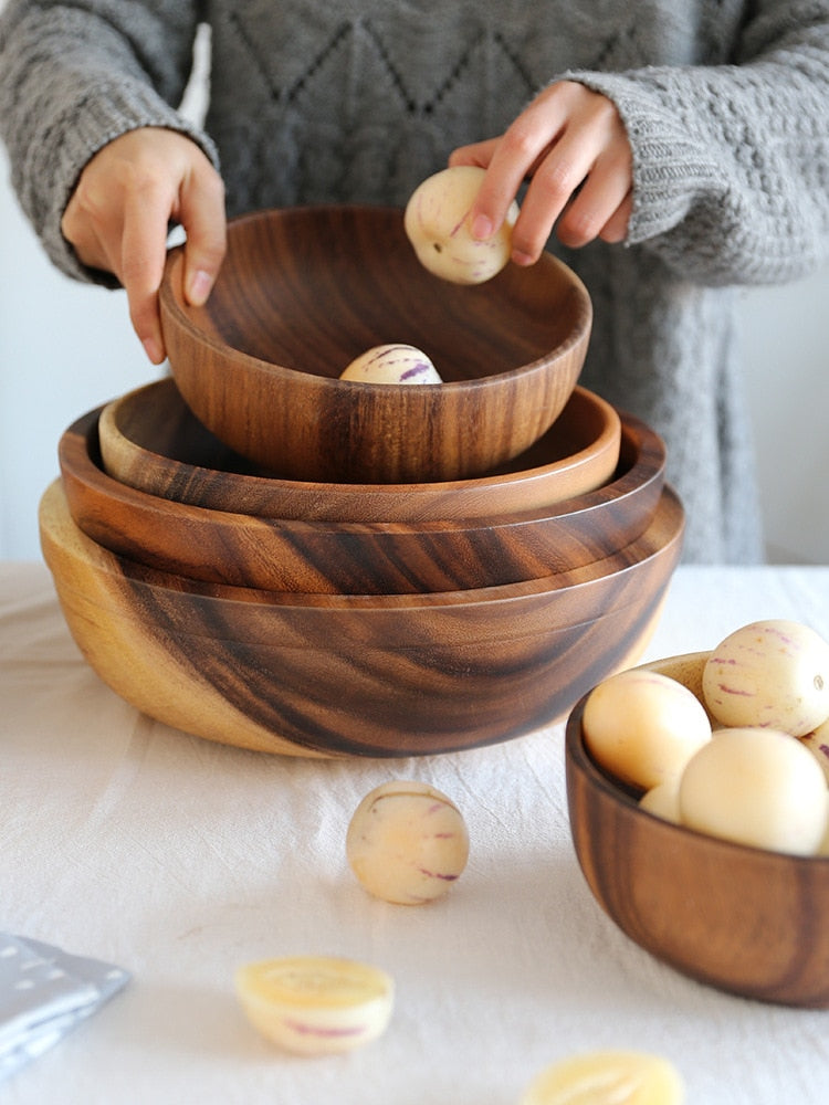 NEATKITCH Handcrafted Natural Jujube Wood Salad Bowl - Japanese Style Lightweight Fruit and Soup Bowl for Home and Restaurant