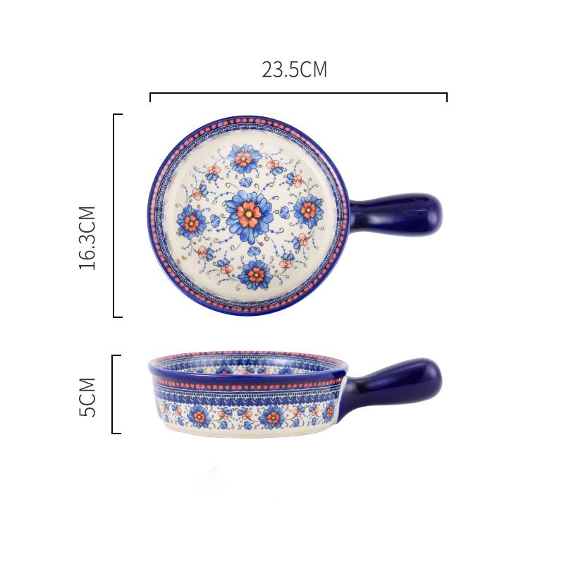 NEATKITCH Hand-Painted Underglaze Ceramic Round Baking Tray with Handles - Floral Porcelain Oven-to-Table Casserole Dish