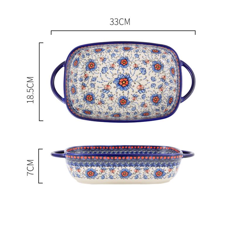 NEATKITCH Hand-Painted Underglaze Ceramic Round Baking Tray with Handles - Floral Porcelain Oven-to-Table Casserole Dish