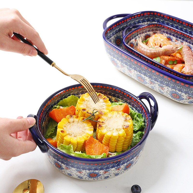 NEATKITCH Hand-Painted Underglaze Ceramic Round Baking Tray with Handles - Floral Porcelain Oven-to-Table Casserole Dish