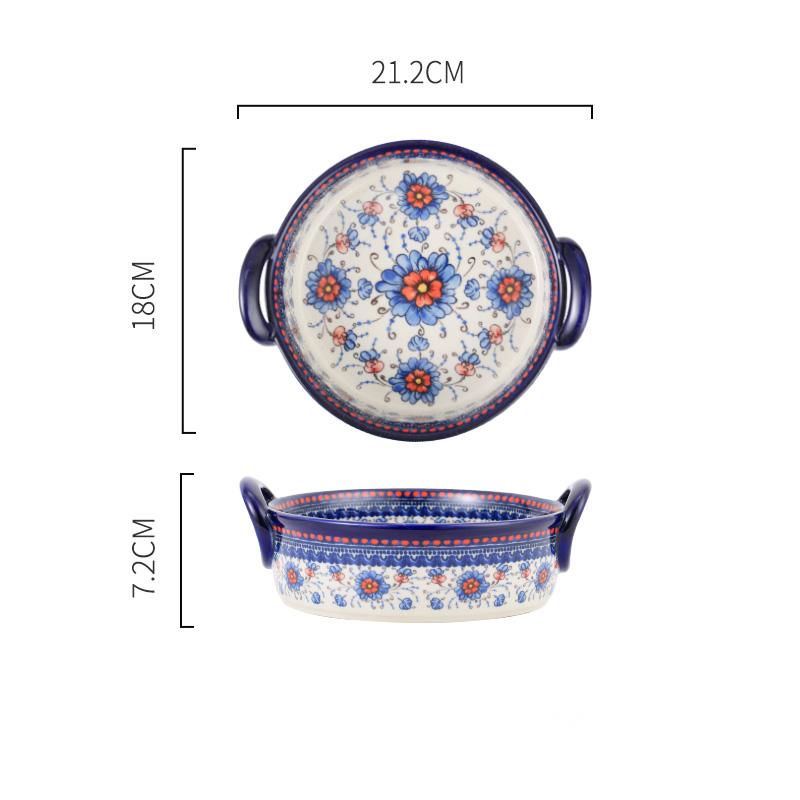 NEATKITCH Hand-Painted Underglaze Ceramic Round Baking Tray with Handles - Floral Porcelain Oven-to-Table Casserole Dish